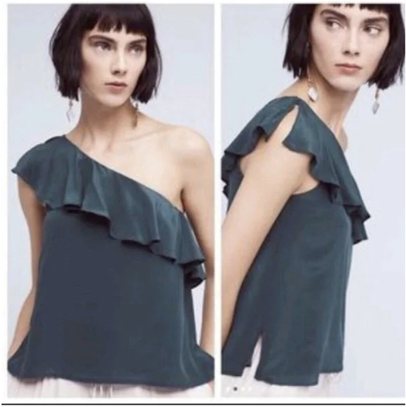 Anthropologie Maeve Silk One-shoulder Blouse - forest green - Picture 2 of 5